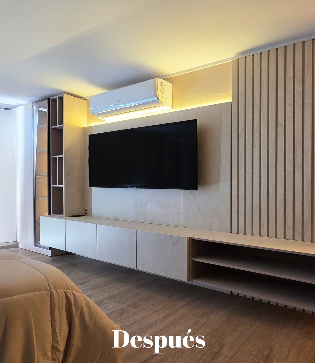 Después — Dormitorio con mueble mural de TV, fabricado por Pamparana Muebles
